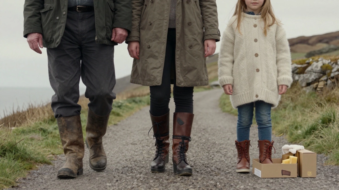 Three generations walking a coastal path in Donegal, each wearing handmade Irish boots symbolizing family legacy.