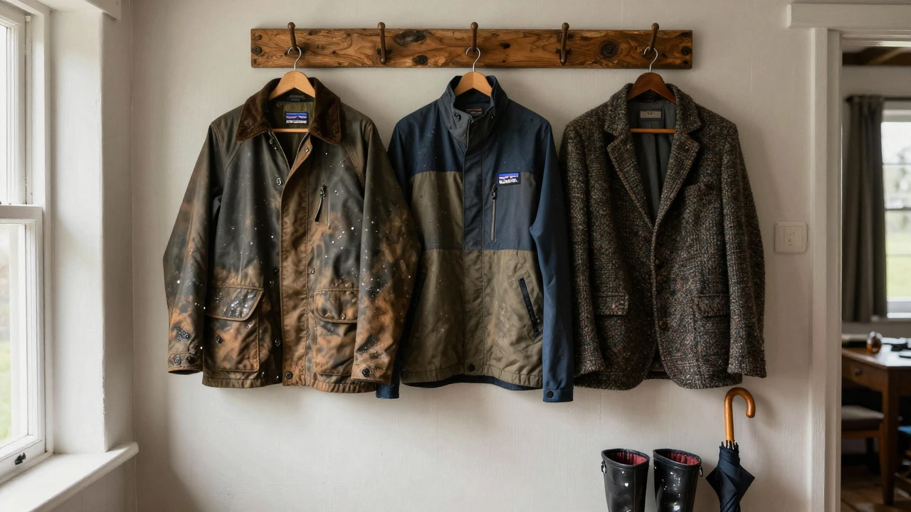 Three Irish weather-ready jackets hanging with mud and water marks in a farmhouse hallway
