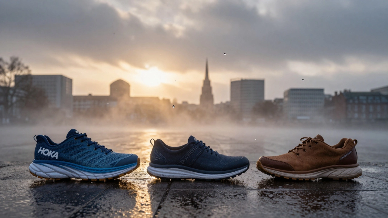Three types of work shoes arranged on damp pavement at dawn, water droplets suspended in air, city skyline in background.
