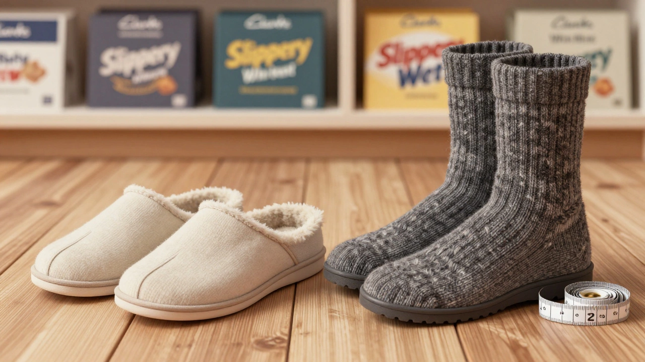 Two pairs of slippers compared: one slippery and thin, the other insulated with rubber sole and wool socks.