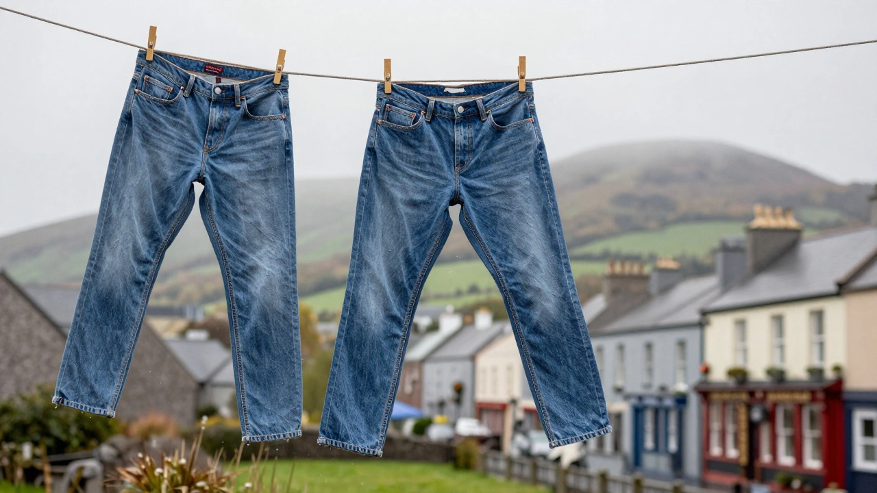 Vintage Levi’s jeans hanging on a line outdoors in Galway, raindrops on fabric, with misty Irish landscape behind.