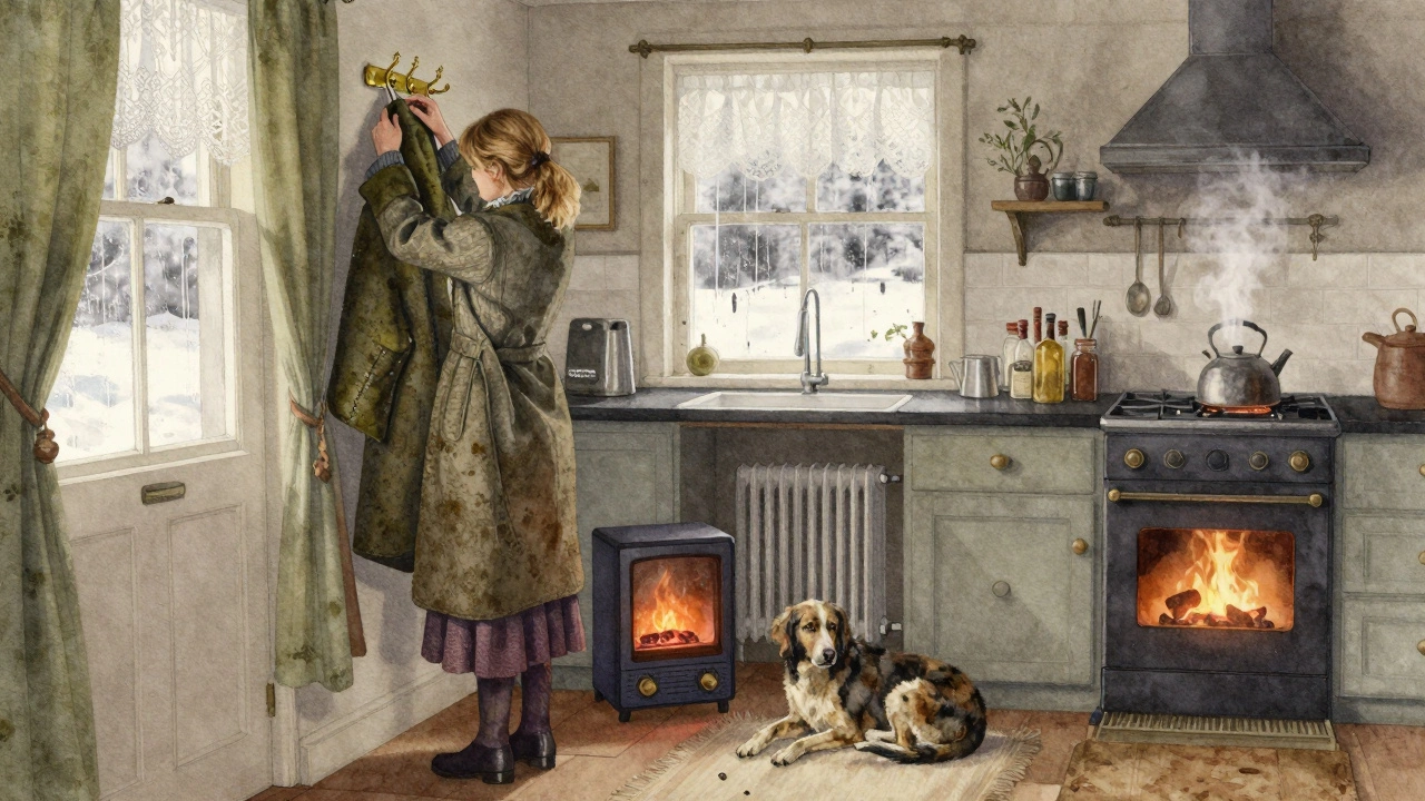 Woman hanging her wool coat by a kitchen door, thermal layer visible, steam from a kettle.