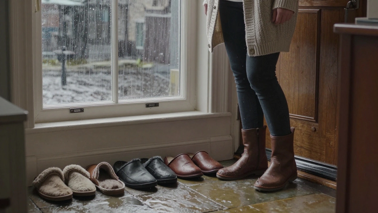 Woman stepping into wool slippers in a Dublin hallway, rain streaking the window.