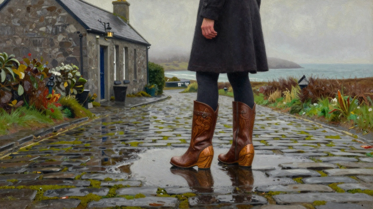 Woman walking on wet cobblestones in Galway wearing hand-carved bogwood wedge boots with misty coastal backdrop.