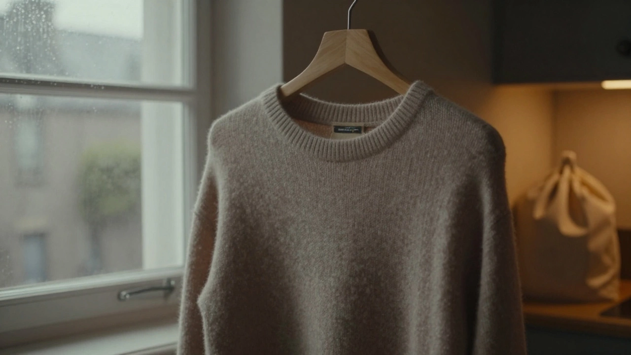 A cashmere sweater draped on a padded hanger, mist rising from a window in a Galway kitchen.