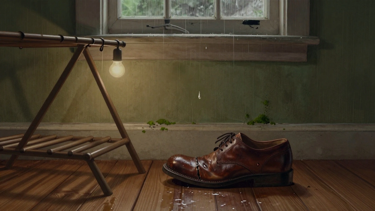 A damaged leather shoe beside an empty drying rack in a dim Irish home, symbolizing neglect in damp conditions.