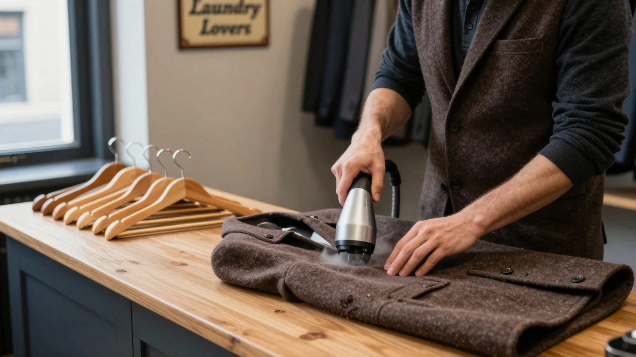 A dry cleaner steaming a wool coat in a cozy Irish shop, cedar hangers visible on the counter.