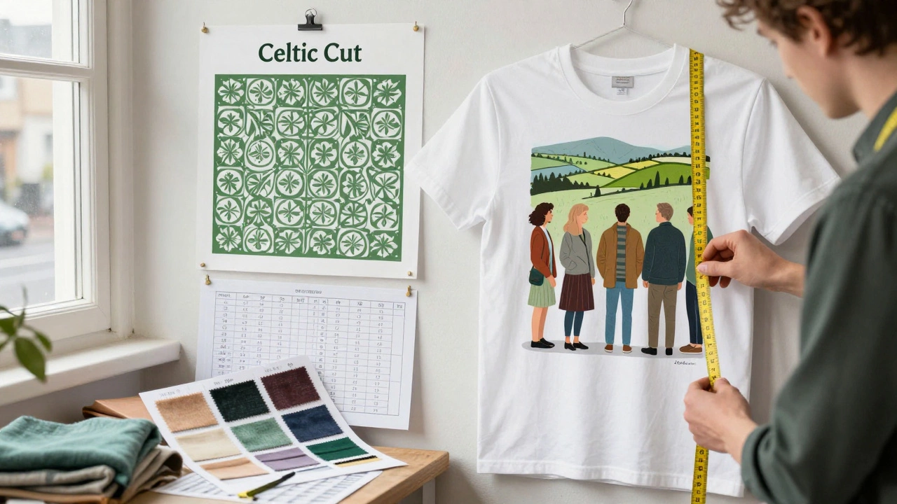 A tailor measuring locals in Ireland while designing a t-shirt with a 'Celtic Cut' pattern.
