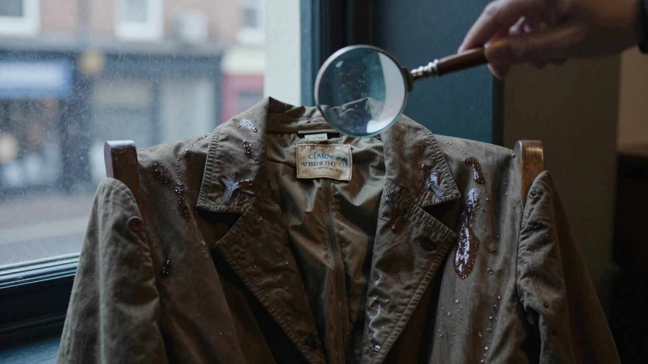 A vintage jacket with hidden labels and moisture stains, examined under a magnifying glass.