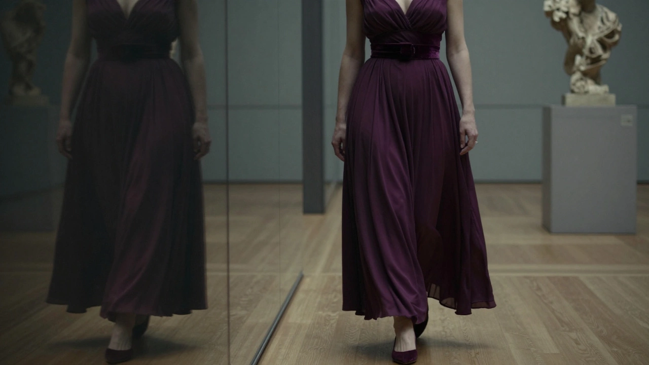 A woman in a deep plum empire waist dress walks through an Irish gallery, her elegant silhouette enhanced by soft, diffused lighting.
