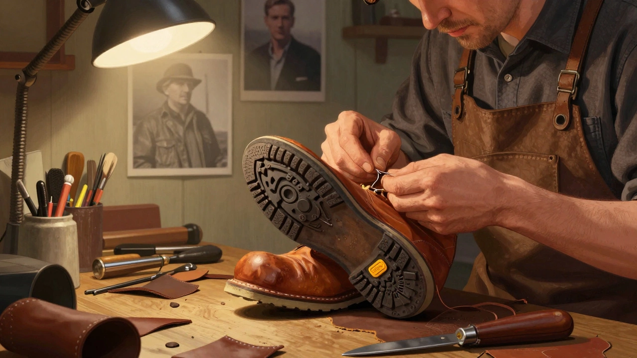 An Irish cobbler repairing a vintage Red Wing boot in a warm workshop, tools and leather scattered around.