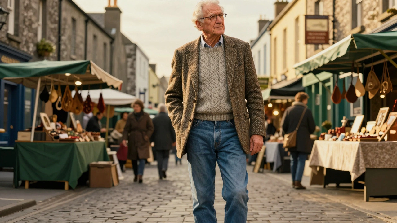 Aran sweater and tweed jacket layered over jeans in Galway market street.