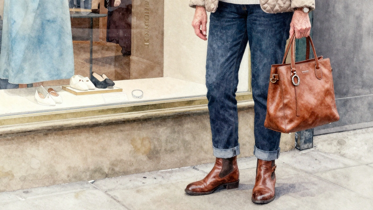 Claddagh ring and leather tote with boots in Dublin boutique setting.
