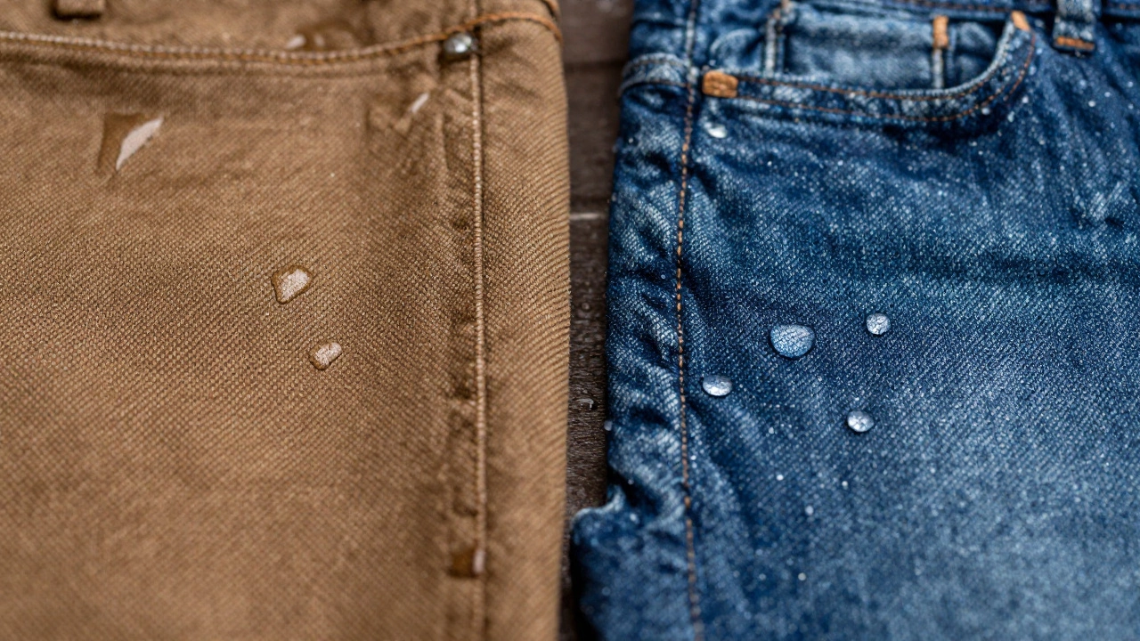Close-up comparing lightweight and heavyweight denim water resistance
