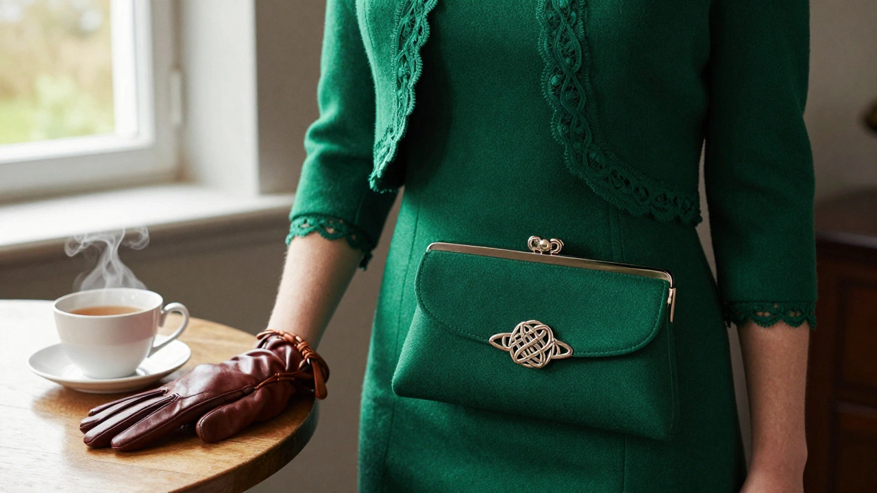 Close-up of an emerald green evening dress with lace bolero and Celtic knot clutch on a wooden table.