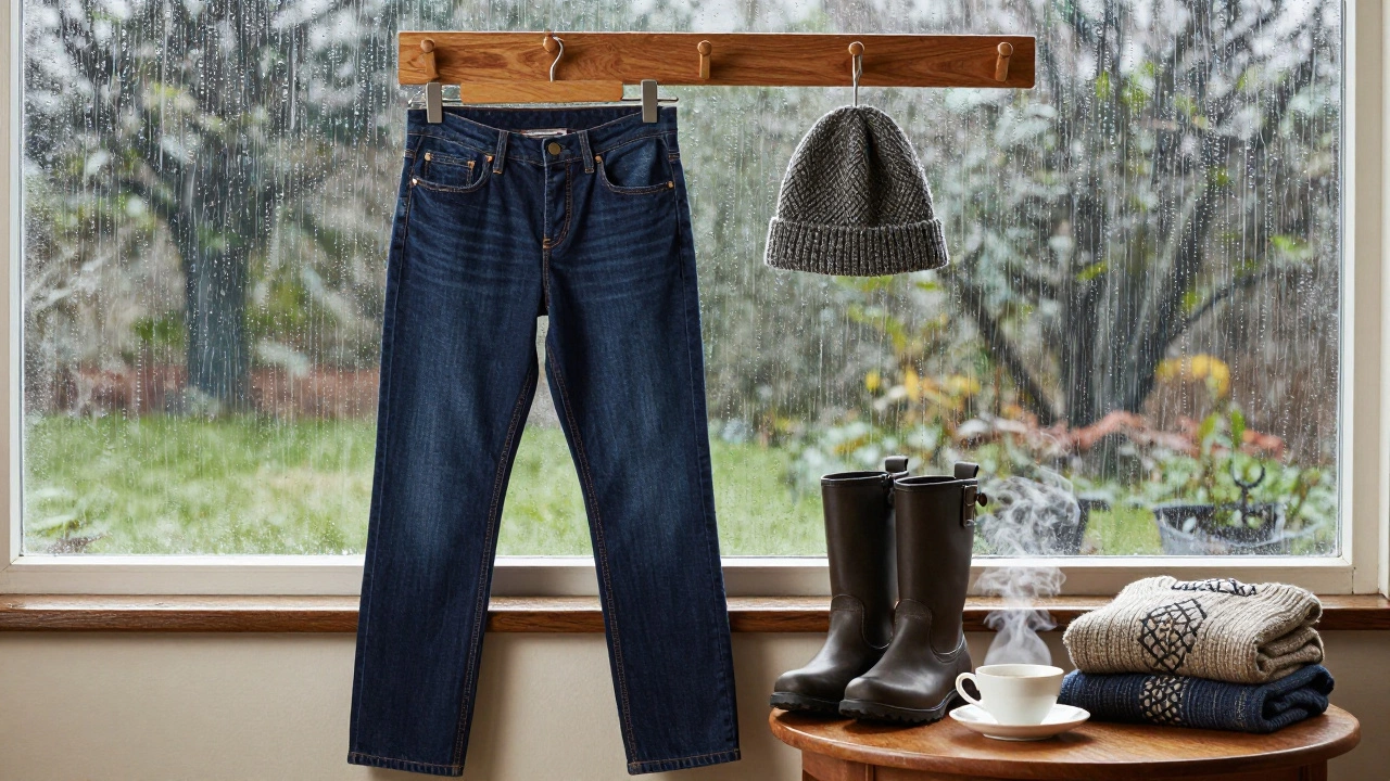 Dark mom jeans hung beside a beanie, boots, and wool jumper, rain streaking a window with steam rising from a teacup.