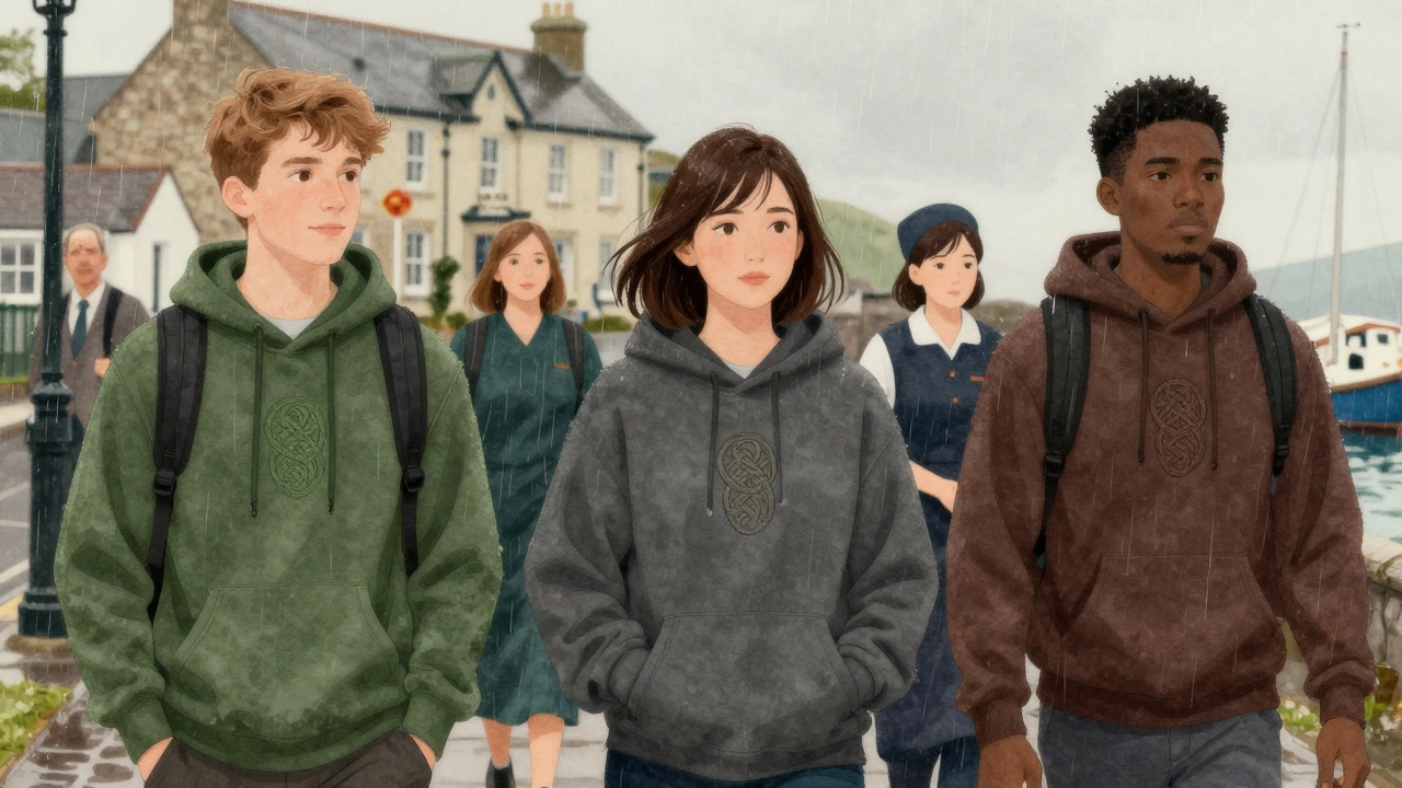 Diverse Irish locals—student, nurse, fisherman—each wearing hoodies in everyday settings under light drizzle.