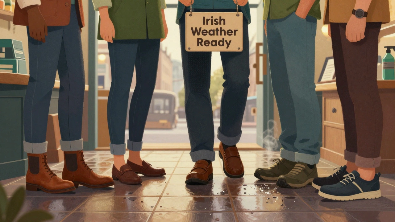 Diverse Irish workers testing shoe grip on a wet tile in a local shop, with city views through windows.