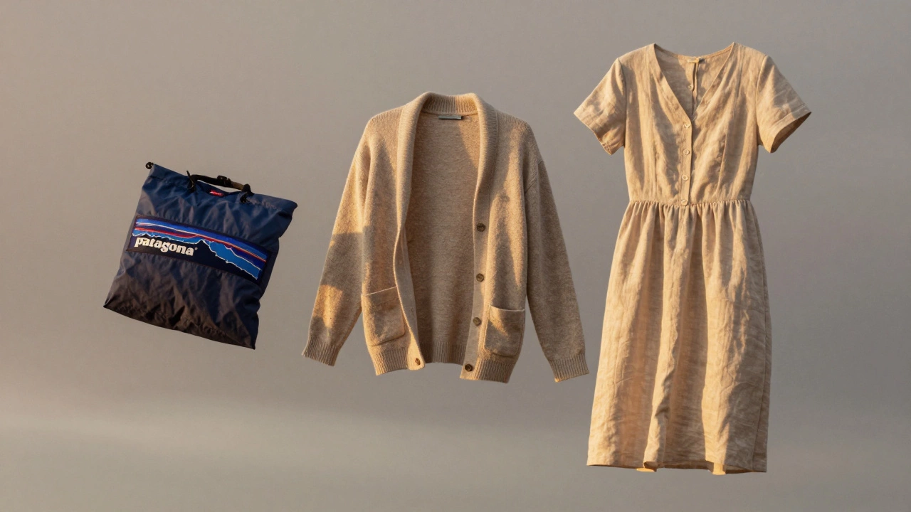 Floating Irish summer clothing layers: windbreaker, cardigan, and dress, with rain droplets in soft light.