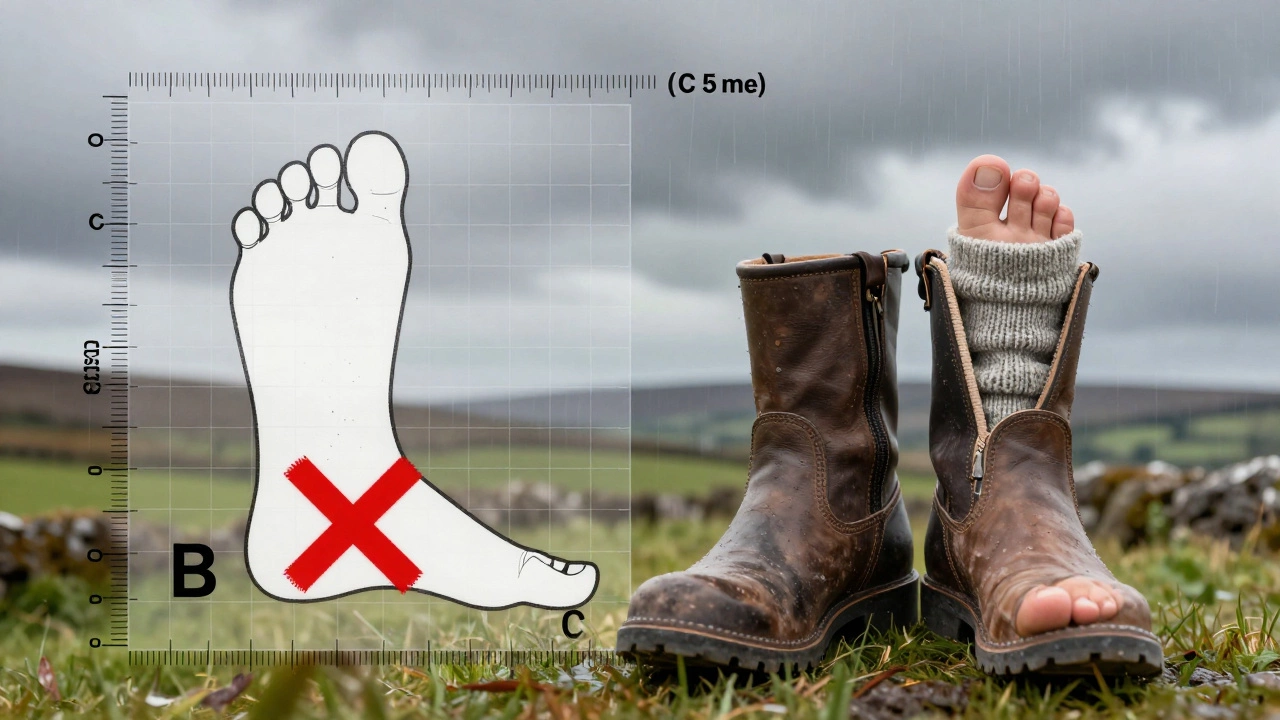 Foot tracing showing 105mm width with 'C' boot labeled correctly beside a rejected 'B' boot.