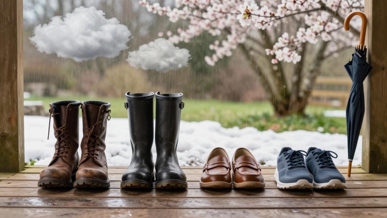 Four seasonal work shoes lined up on a porch, representing Ireland's changing weather from winter to summer.