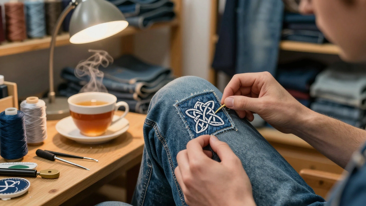Hand sewing a Celtic knot patch onto denim jeans in a warm, cozy repair cafe.