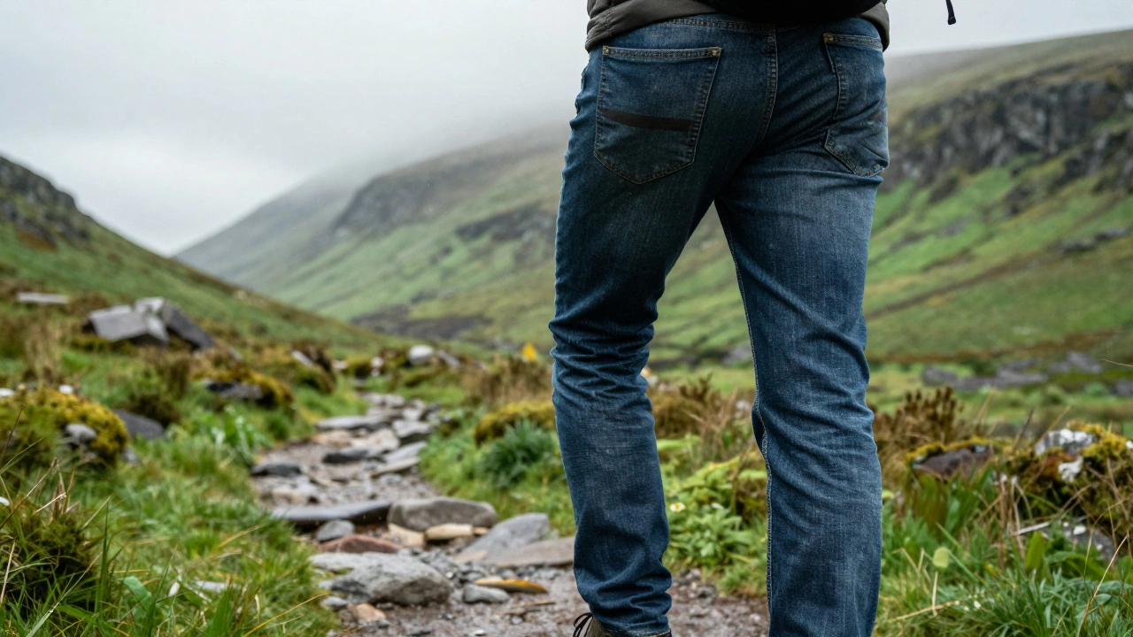 Hiker on Wicklow Mountains trail wearing sturdy jeans in misty rain