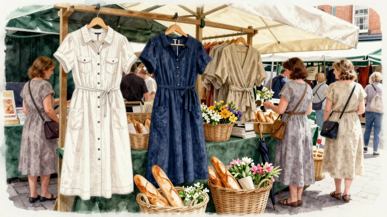 Irish market stall displaying three practical summer dresses with woven baskets and fresh produce nearby.