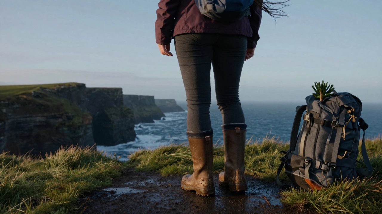 Irish woman hiking Moher cliffs with sturdy boots, wind blowing her hair as ocean waves crash below.