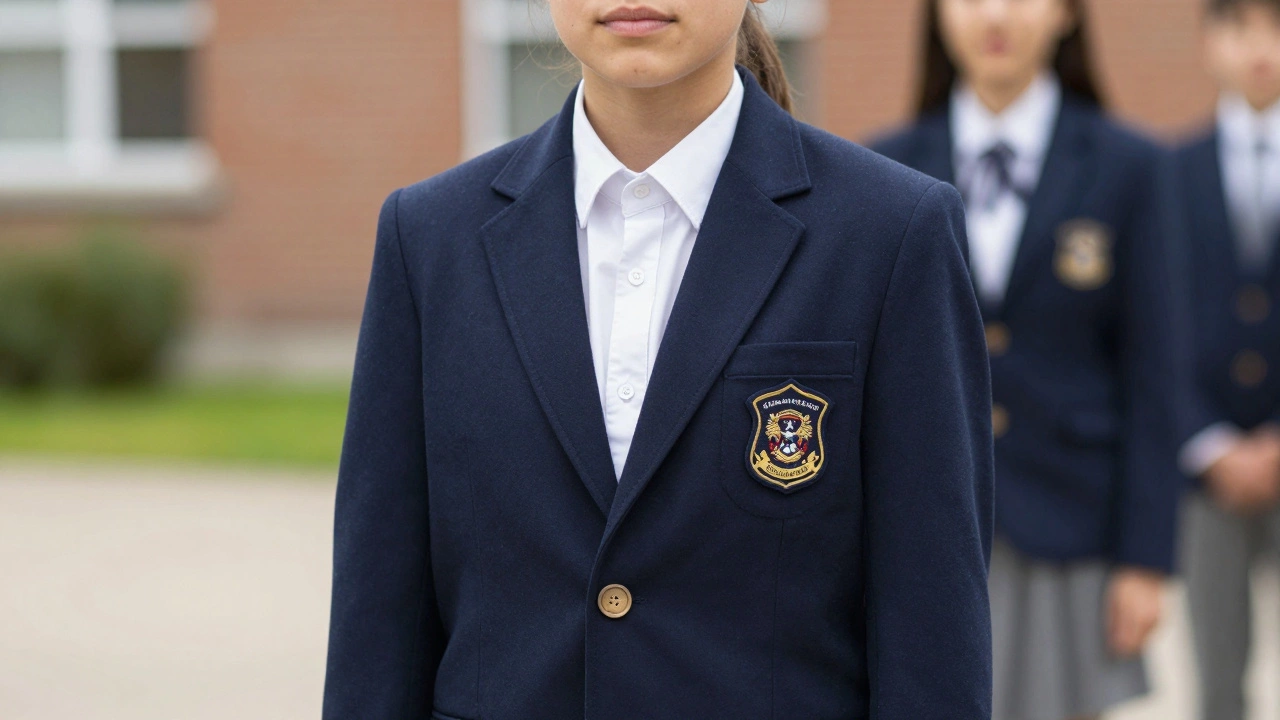 Student in navy blue school uniform with visible badge.