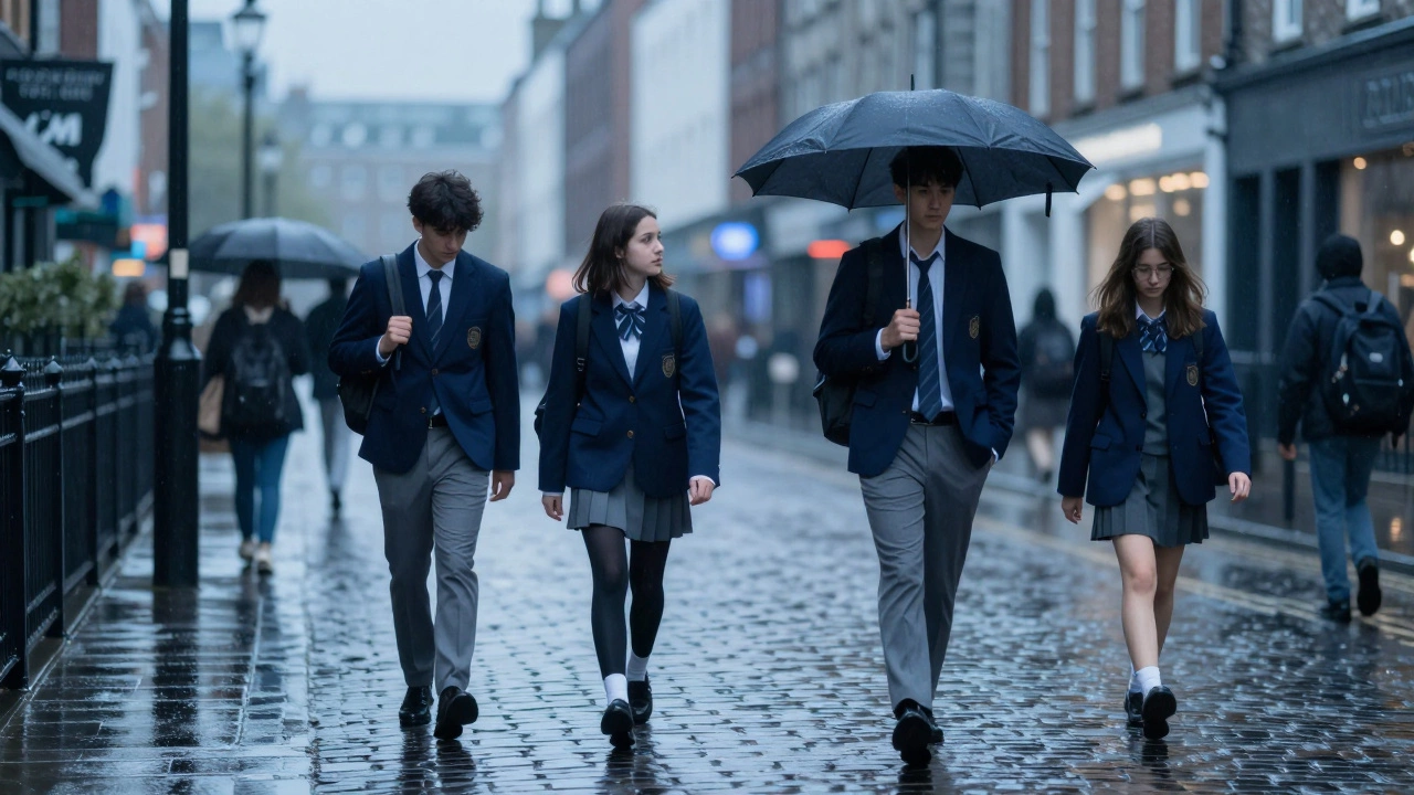 Students in navy uniforms walking in rainy Dublin street.