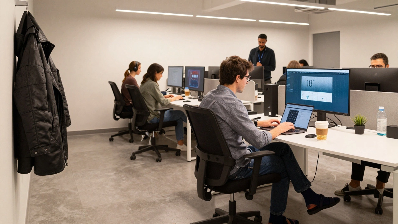 Tech workers in a Dublin startup office, one casually wearing dark socks with sandals.
