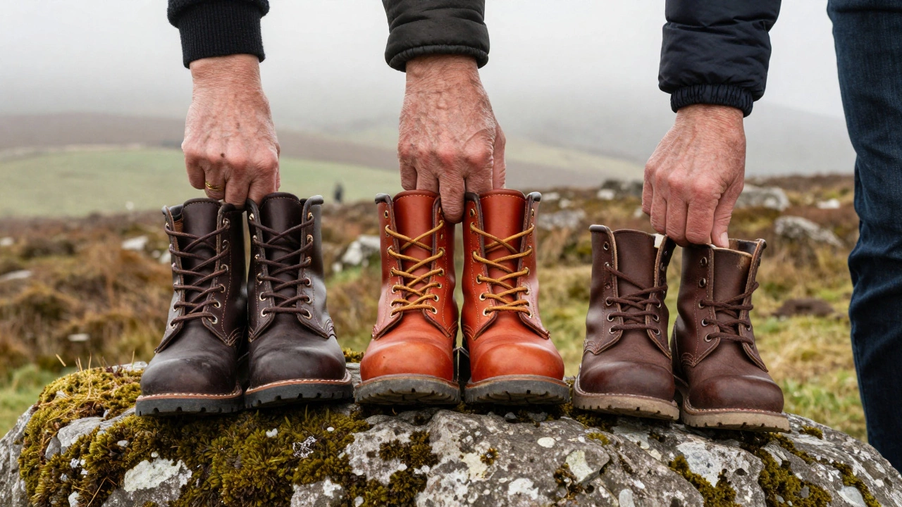Three generations of hands holding the same pair of Red Wing boots on a misty stone landscape in the Burren.