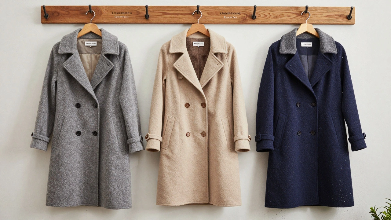 Three Irish-made coat dresses hanging in a boutique, showing different fabrics and linings, with raindrops on the floor.