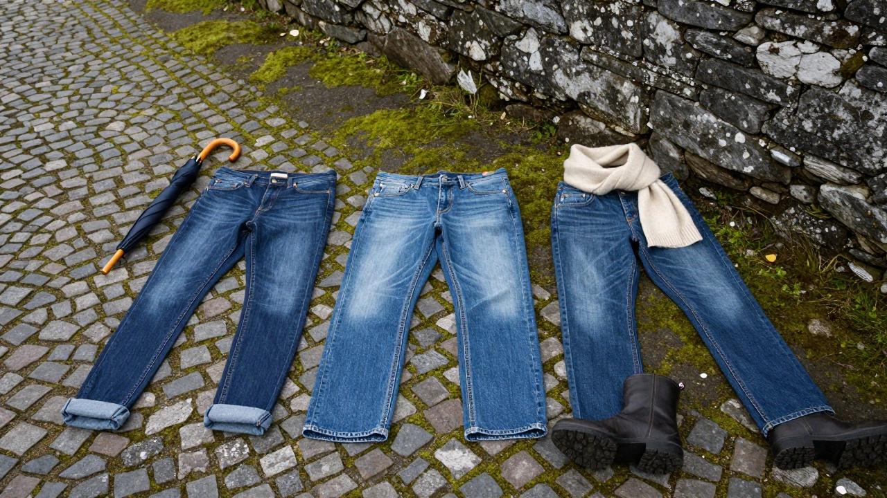 Three types of jeans laid on Irish cobblestones beside practical accessories, symbolizing comfort over fashion.