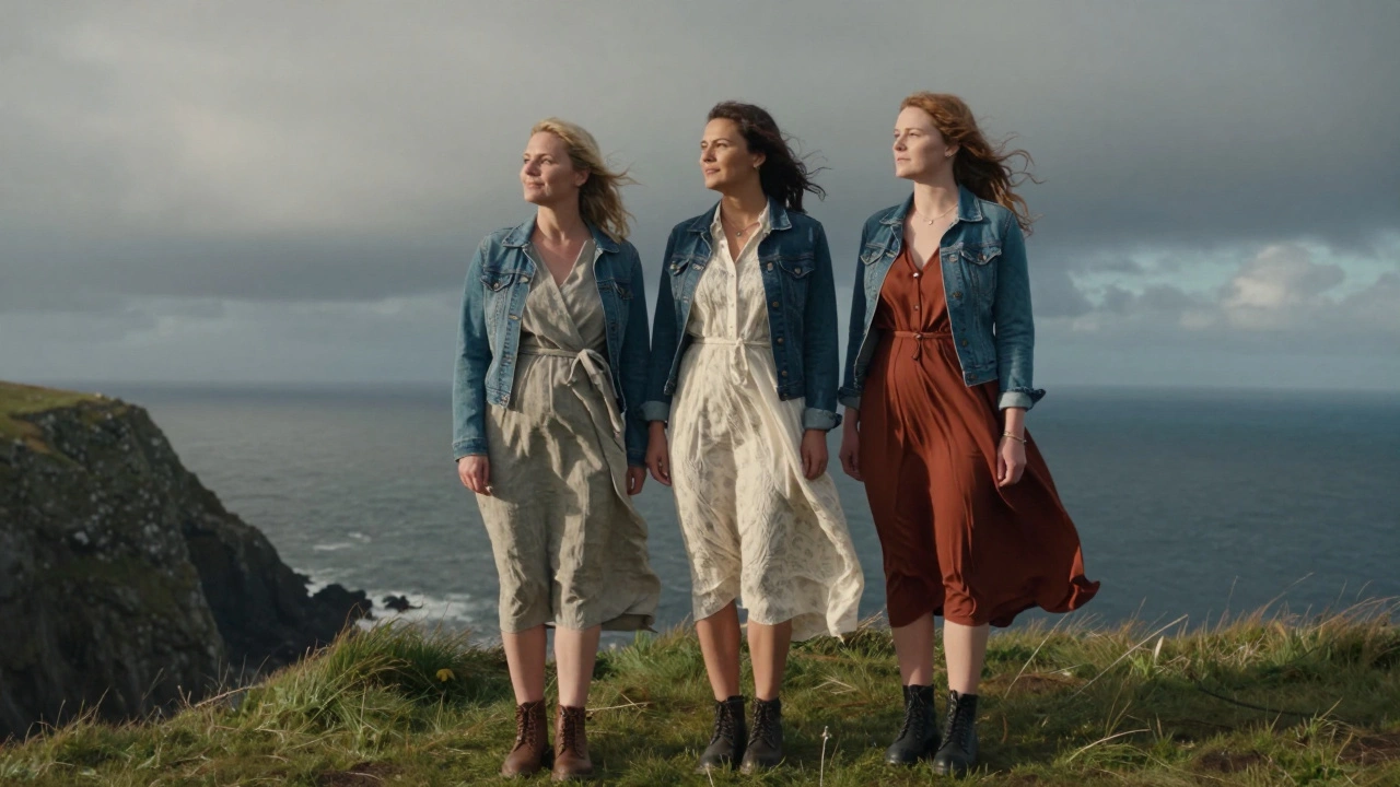 Three women on a cliff in Ireland wearing weather-appropriate summer dresses with denim jackets and boots.