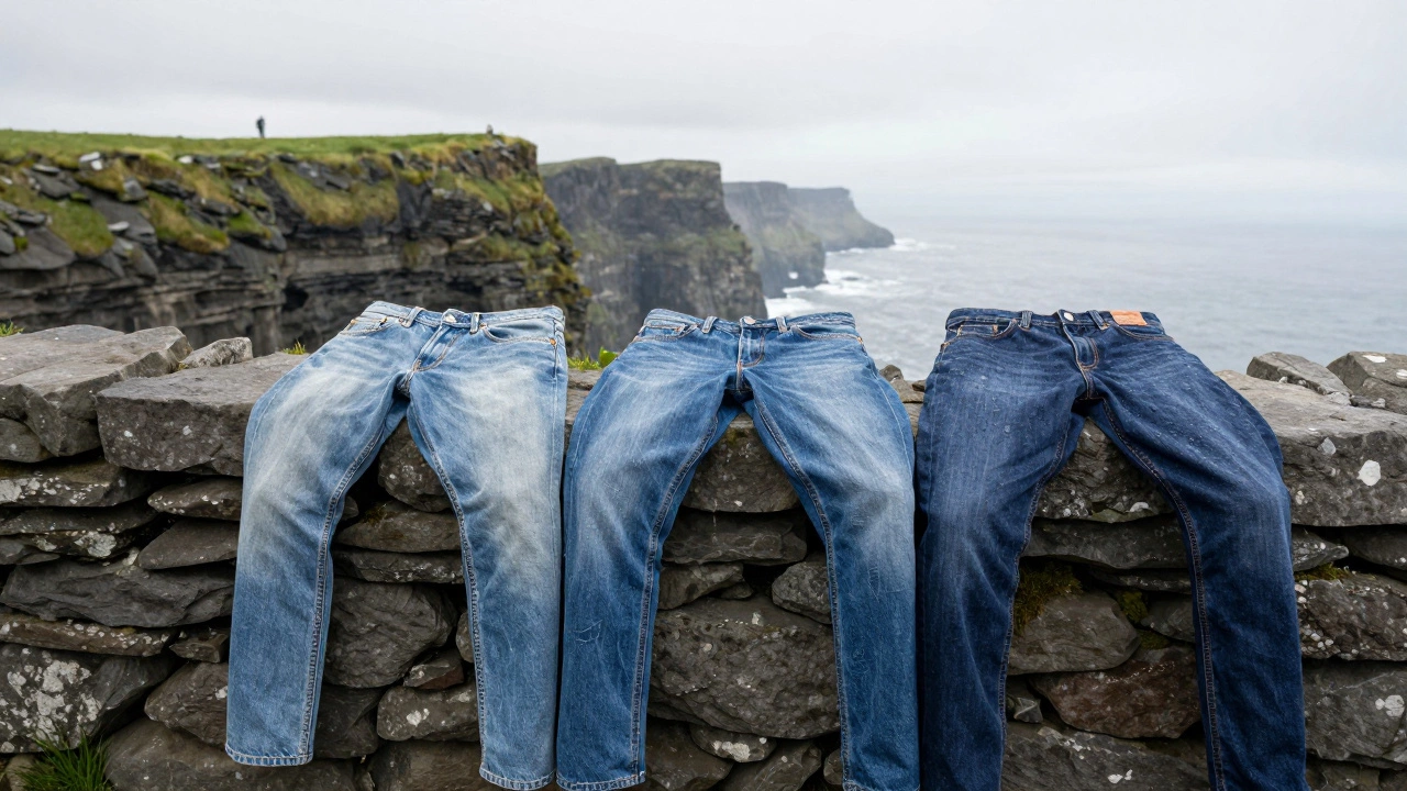 Three worn but cared-for jeans laid on a cliffside wall, damp from mist, with hiking figure in distance.