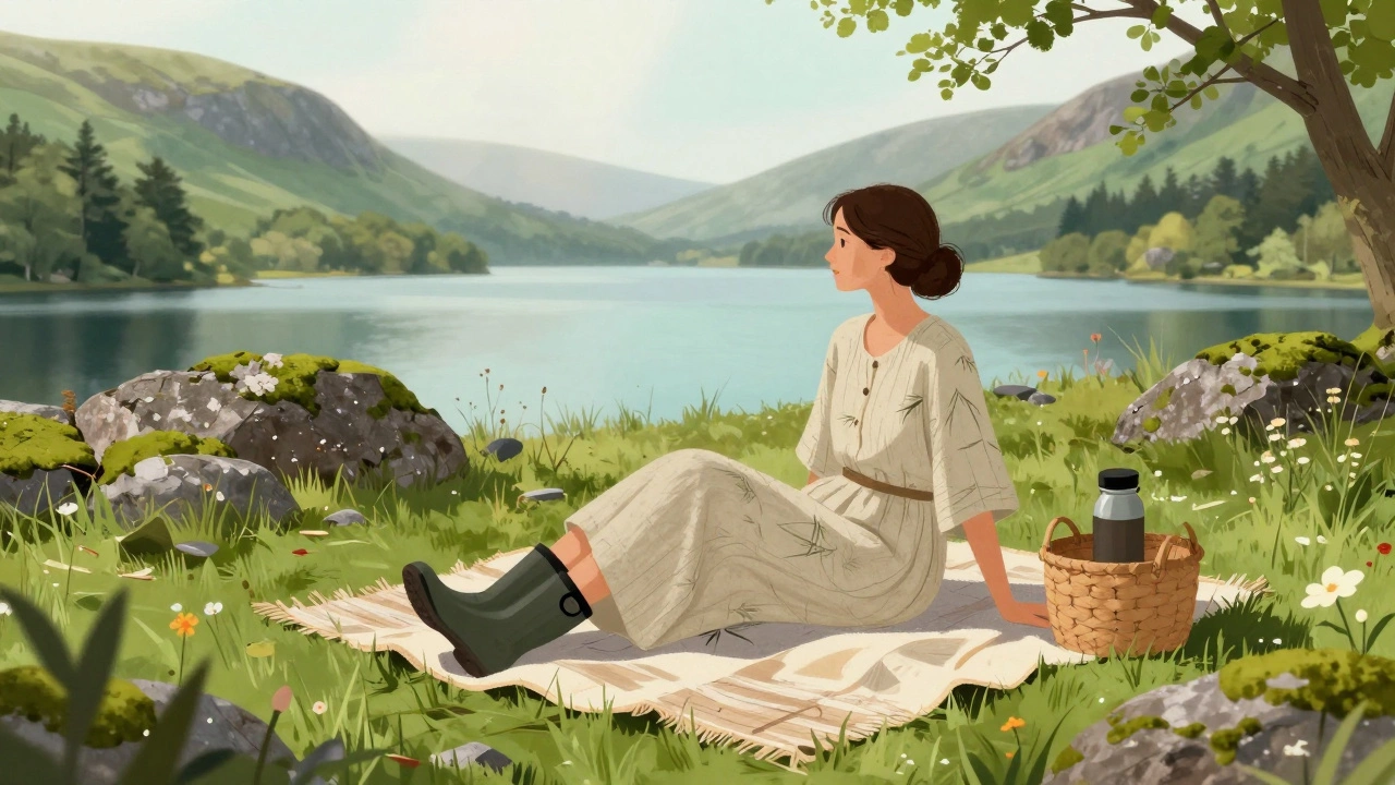 Woman picnicking in Glendalough wearing bamboo tunic and linen pants, surrounded by misty hills and lake.