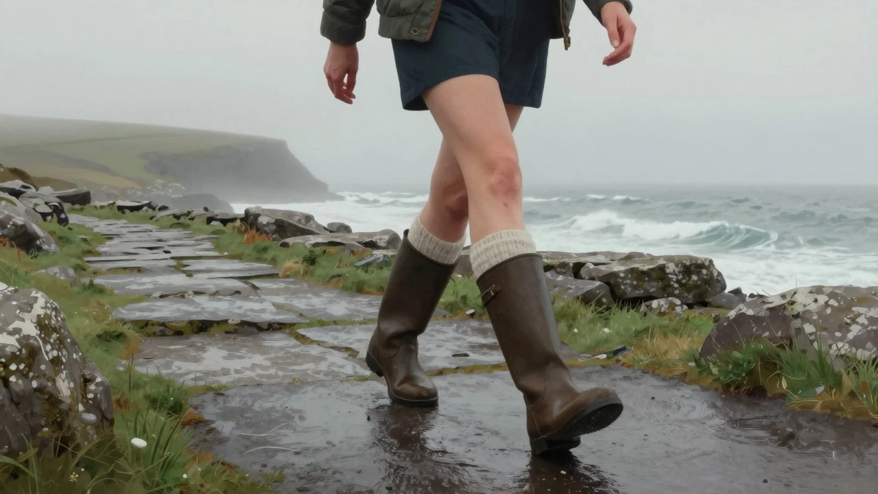 Woman walking on a rainy Burren path wearing wide Irish boots with wool socks.