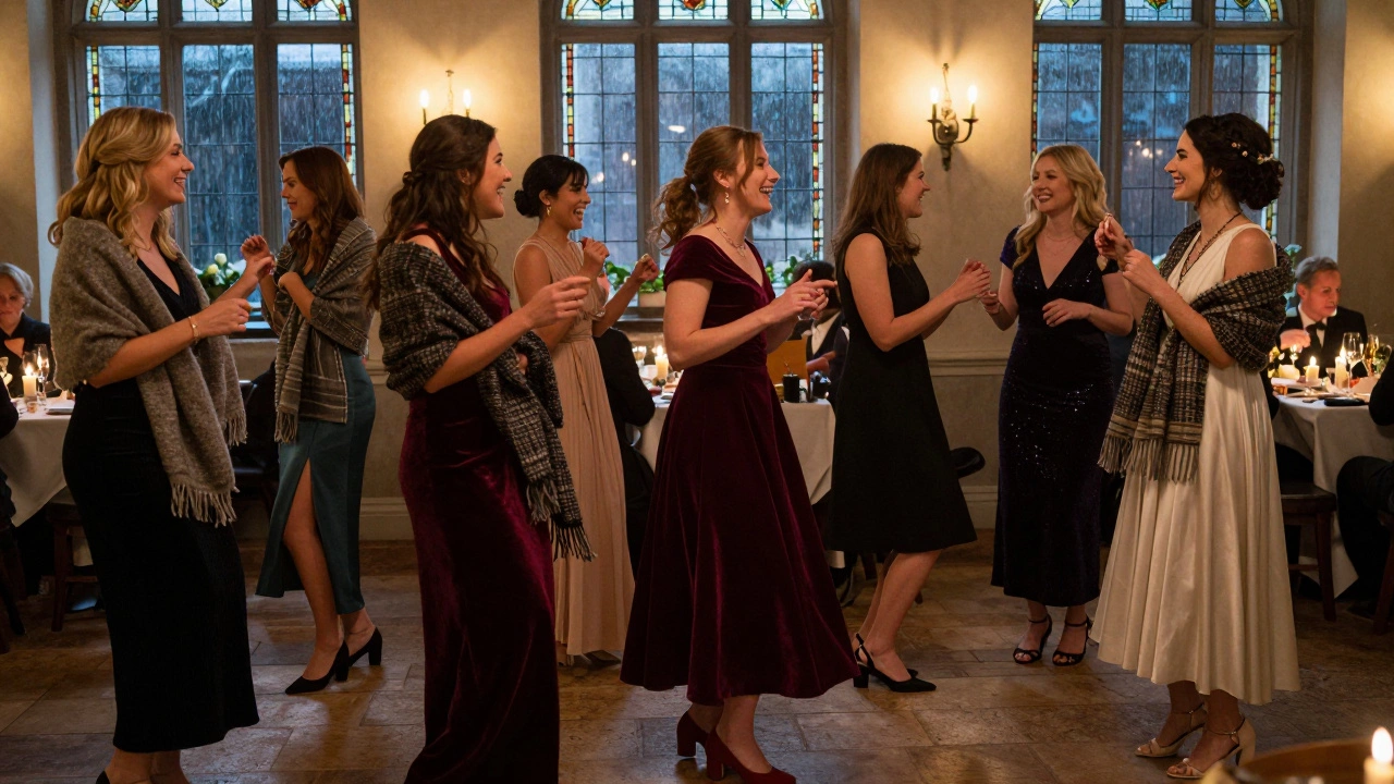 Women dancing in elegant evening dresses under candlelight at a Galway arts festival dinner.