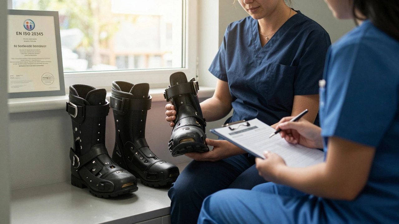 Worker in Limerick holding custom orthopaedic safety boots during a health assessment.