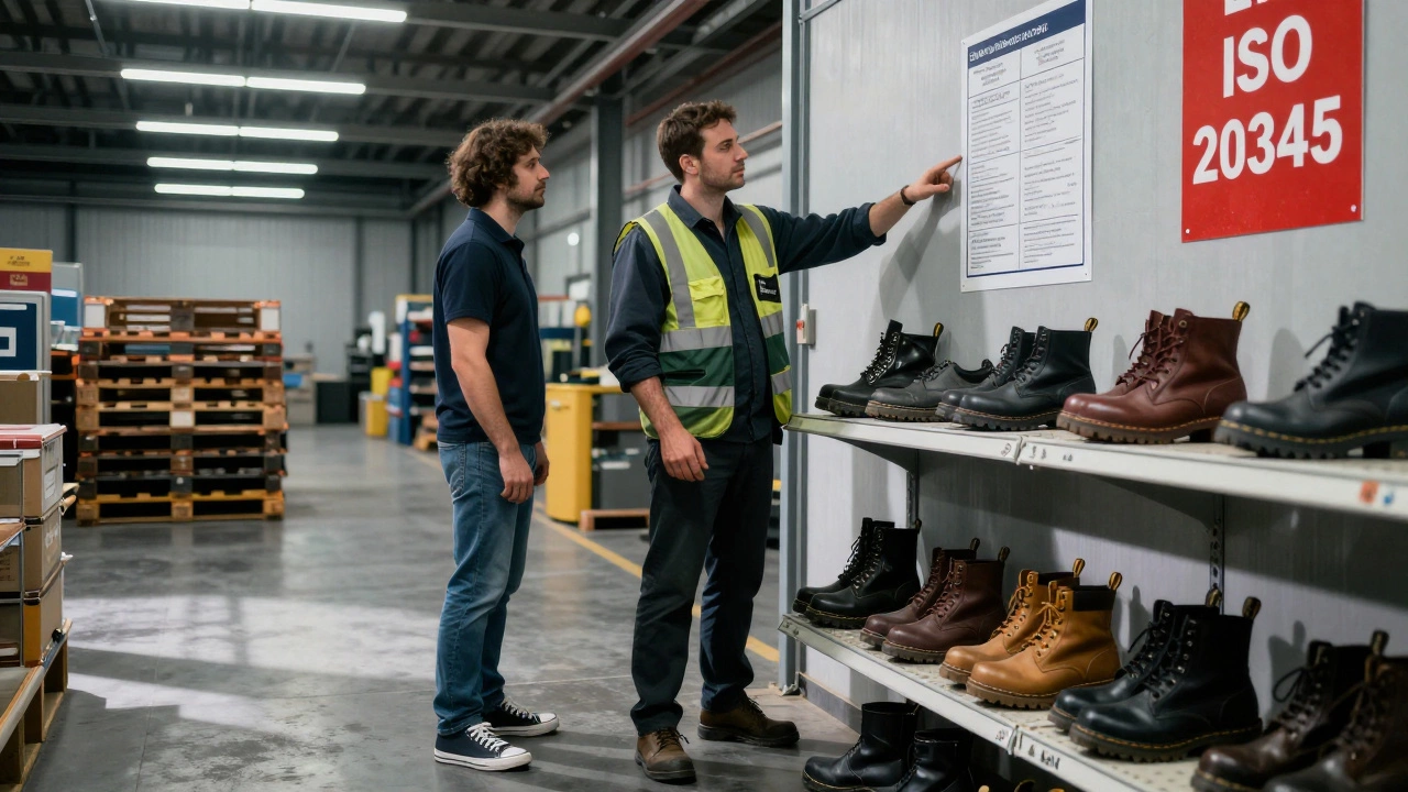 Worker stopped by safety officer in warehouse, with approved safety boots displayed on shelf.