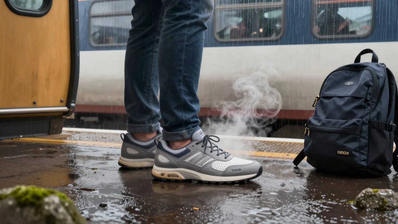 A commuter boarding a train in Dundalk wearing Geox shoes with breathable technology on a rainy morning.