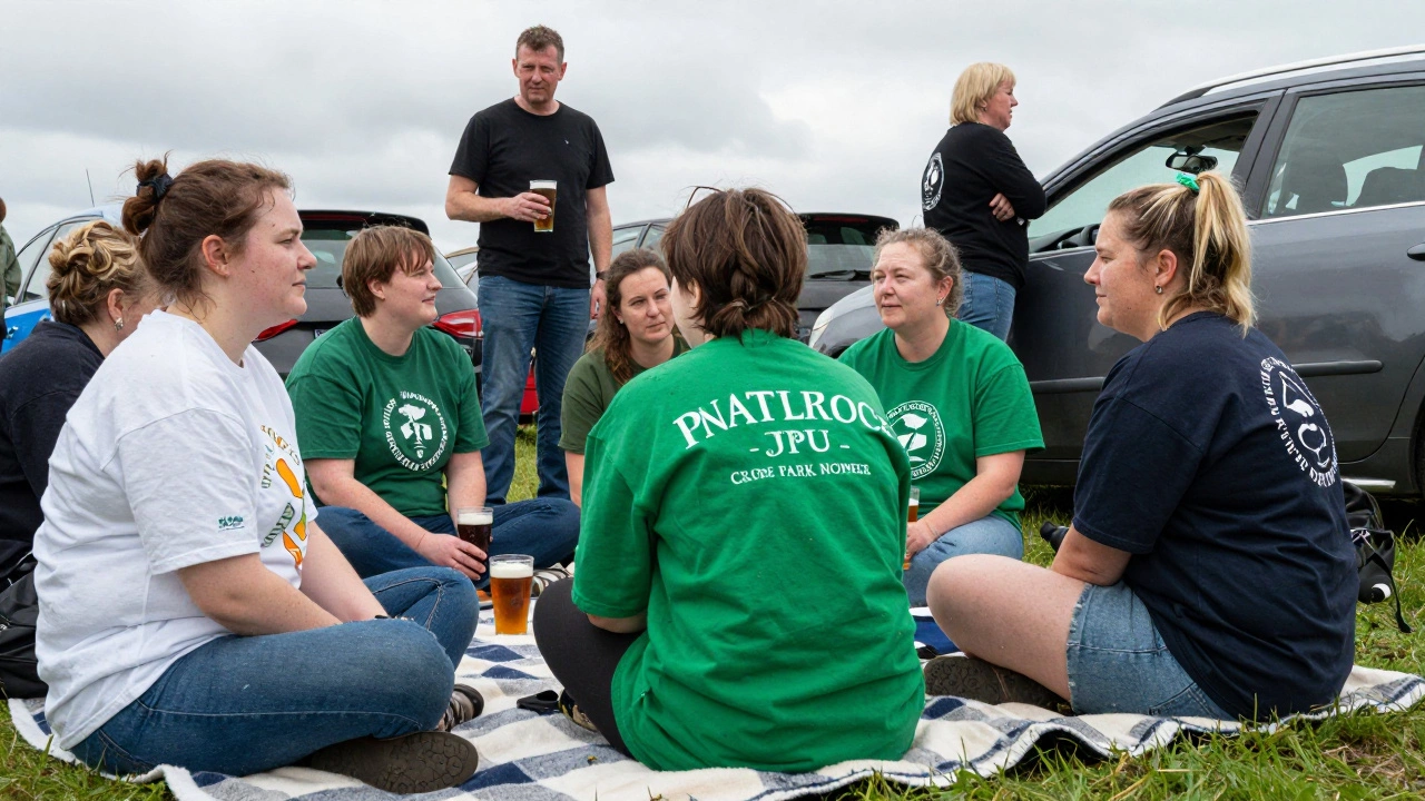A diverse group of people at a rugby match tailgate, all wearing oversized Irish t-shirts under a cloudy sky.