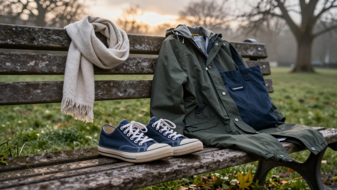 A pair of water-resistant shoes and a folded raincoat on a bench in Phoenix Park, Dublin.