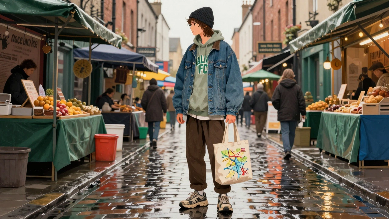 A person in Galway wears layered streetwear with a vintage denim jacket and faded hoodie, standing in a colorful market alley.