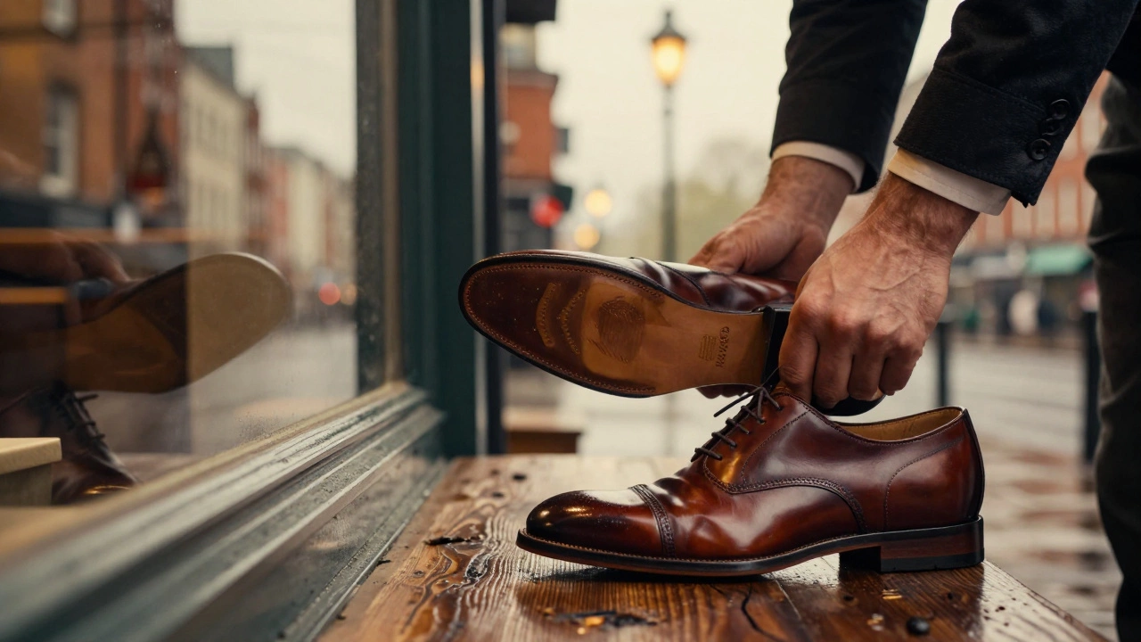 A professional in Dublin wearing Allen Edmonds oxfords, with a cobbler repairing the sole in the background.