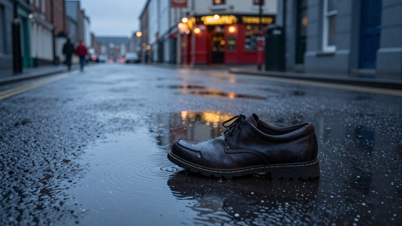 A single Clarks shoe resting in a puddle on an Irish street at dusk, reflecting city lights and faint worker silhouettes.