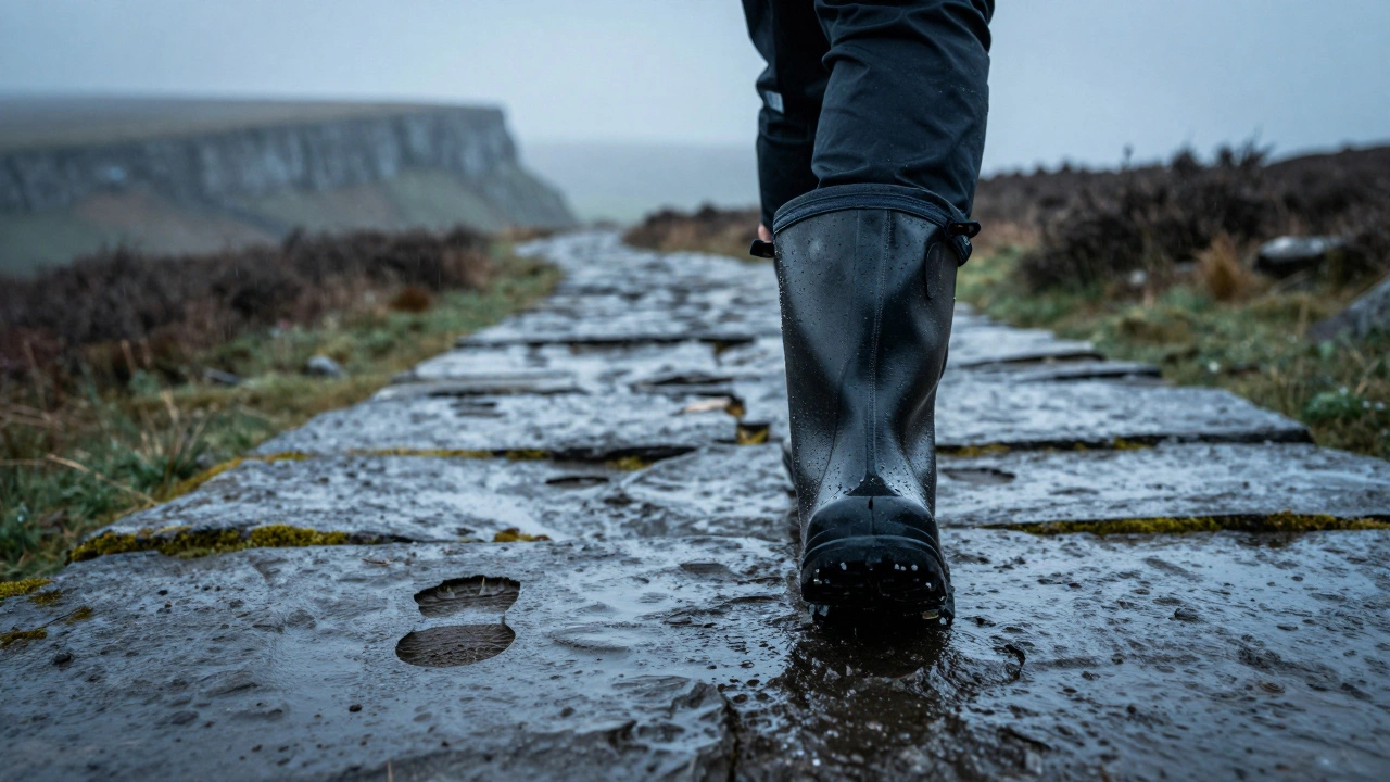 A single waterproof walking shoe on a misty Burren path, rain droplets on its surface.
