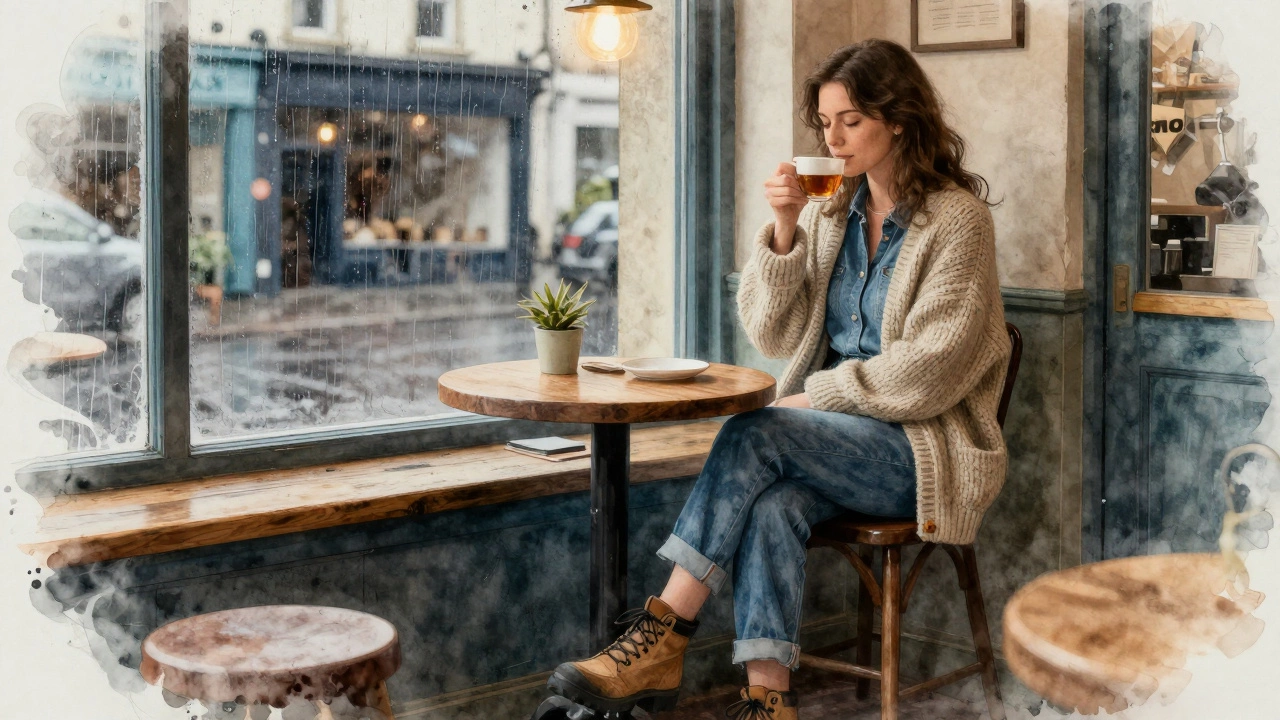 A woman in a Galway coffee shop wearing mom jeans and a wool cardigan, rain visible on the window behind her.
